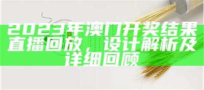 2023年澳门开奖结果直播回放，设计解析及详细回顾